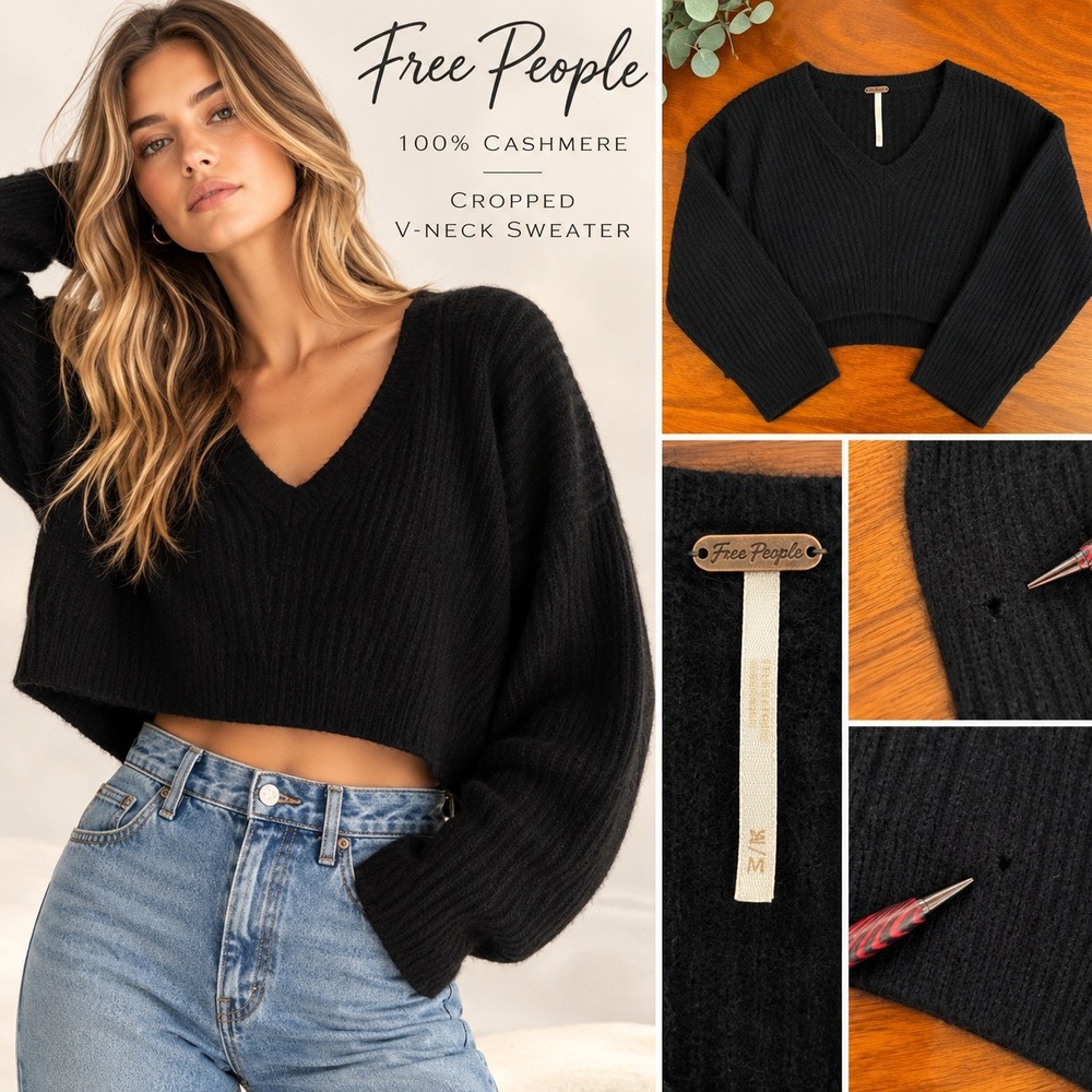 Free People Black 100% Cashmere Cropped V-Neck Oversized Ribbed Sweater M FLAW